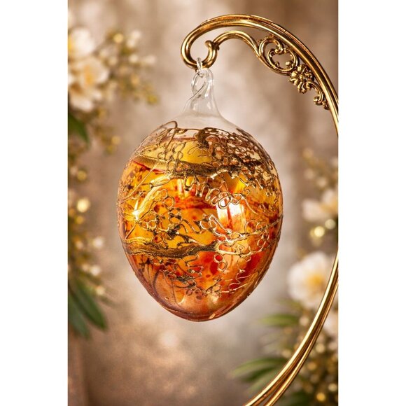 unbranded Other - Amber Blown Glass Ornament Gold Gilded Design Art Glass 3"